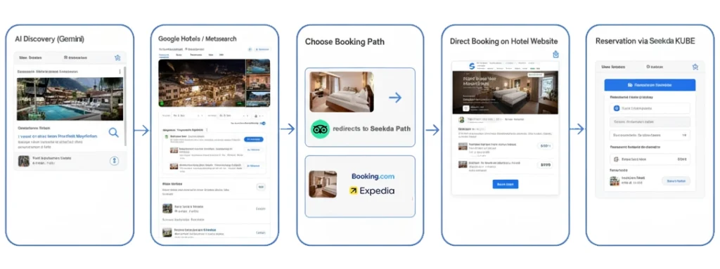 Hotel guest journey from AI search to direct booking with Seekda Channel Manager KUBE and Metasearch