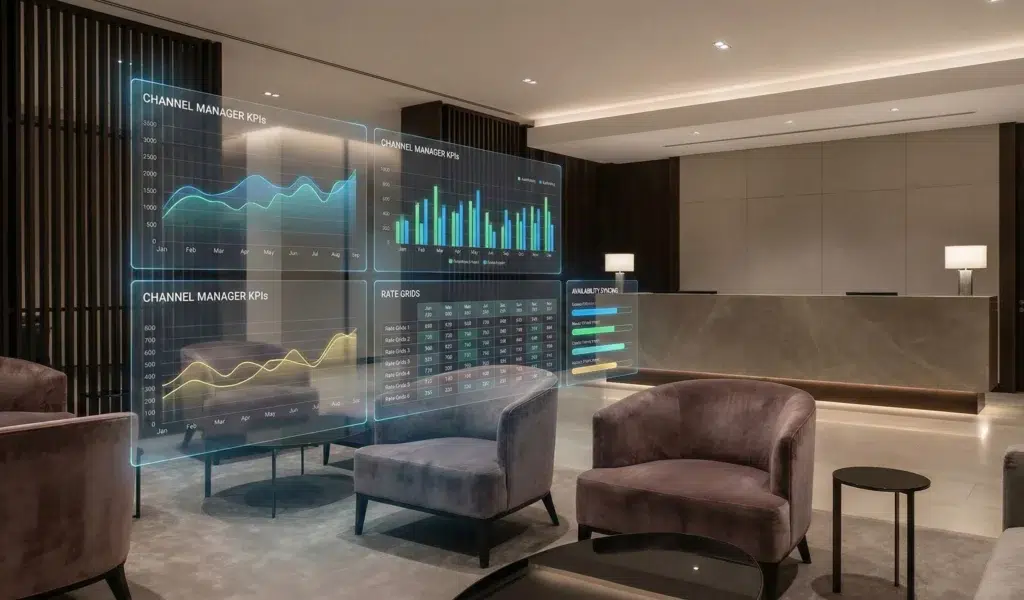 a modern hotel lobby showing stylized dashboard with KPIs from a hotel channel manager floating in the lobby